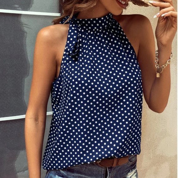 Tops - Polka Dot Print Mock Neck Tie Blouse Blue